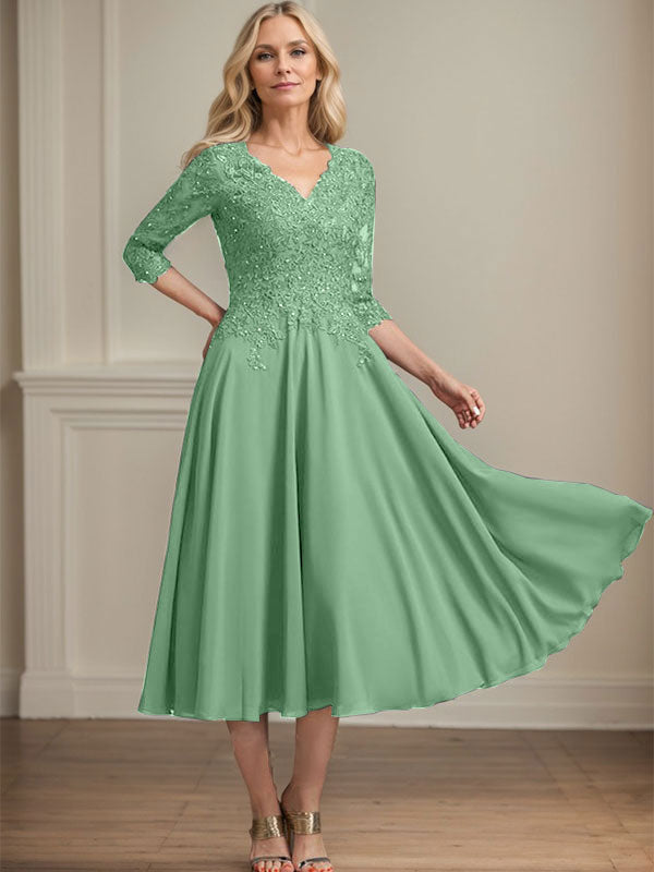 Robe de mère de la mariée en mousseline longueur thé, ligne A, col en V, en dentelle avec perles et sequins