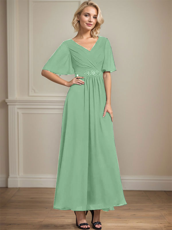 A-Linien V-Ausschnitt Knöchellanges Chiffon Kleid für die Brautmutter mit plissierten Perlen und Pailletten