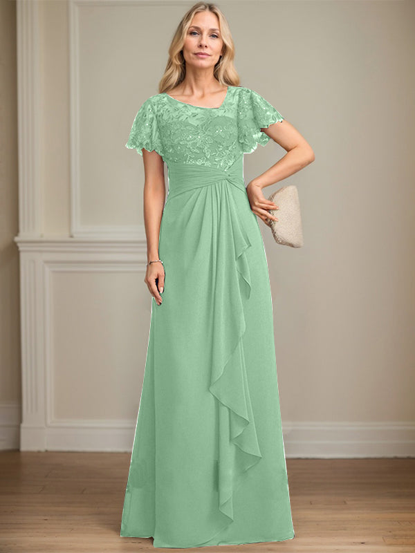 A-Linie asymmetrisches Illusions bodenlanges Spitzen-Chiffon Brautmutterkleid mit kaskadierenden Volants und Pailletten