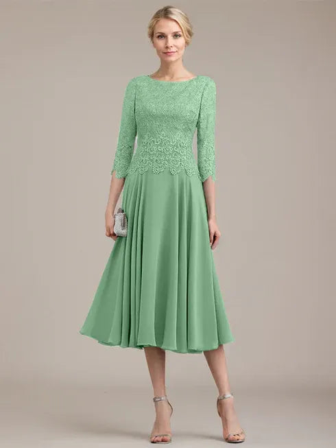 A-Linien Kleid mit Rundhalsausschnitt, tea-länge, Spitze und Chiffon, Mutter der Braut Kleid
