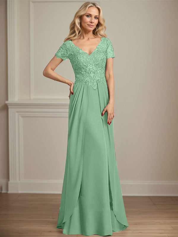 A-Linien Chiffon-Spitzen-Mutter-der-Braut-Kleid mit V-Ausschnitt, bodenlang