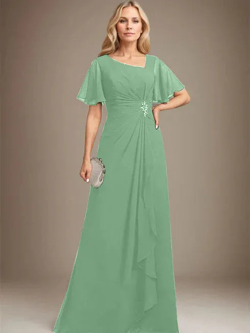 A-Linien asymmetrisches bodenlanges Chiffon Mutter-der-Braut-Kleid mit plissierten Perlen und Pailletten
