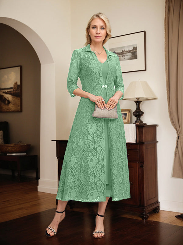 Robe mère de la mariée en mousseline longueur thé à encolure en V et coupe trapèze