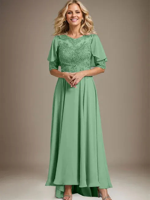 A-Linien Kleid mit Scoop-Ausschnitt, Illusion, asymmetrischem Chiffon und Spitzen, Mutter-der-Braut-Kleid mit Perlenbesatz