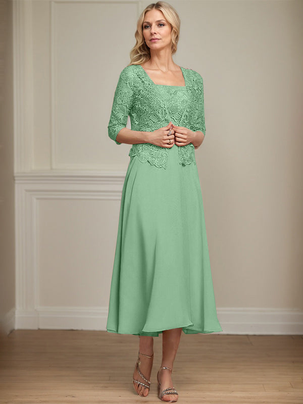 Robe de mère de la mariée en mousseline et dentelle ligne A longueur thé avec perles et sequins