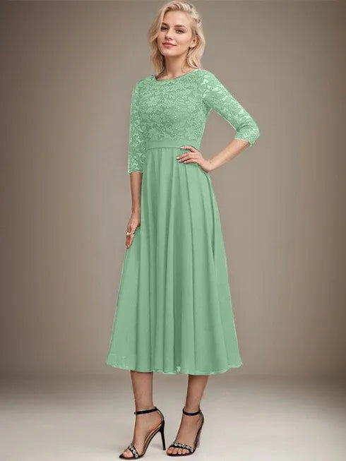 A-Linien Spitzen-Chiffon-Brautmutterkleid mit V-Ausschnitt, tea-length, mit Pailletten