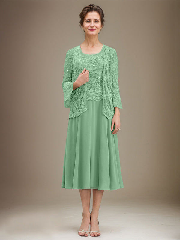 A-Linien Spitzen-Chiffon-Brautmutterkleid mit V-Ausschnitt, tea-length, mit Pailletten