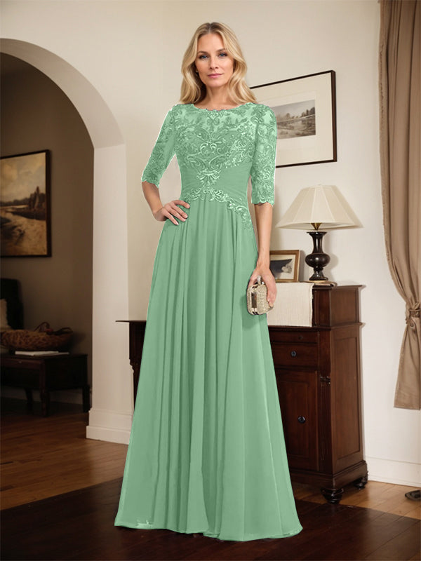 A-Linien Ausschnitt Illusions-Bodenlanges Chiffon-Spitzenkleid für die Mutter der Braut mit plissierten Pailletten
