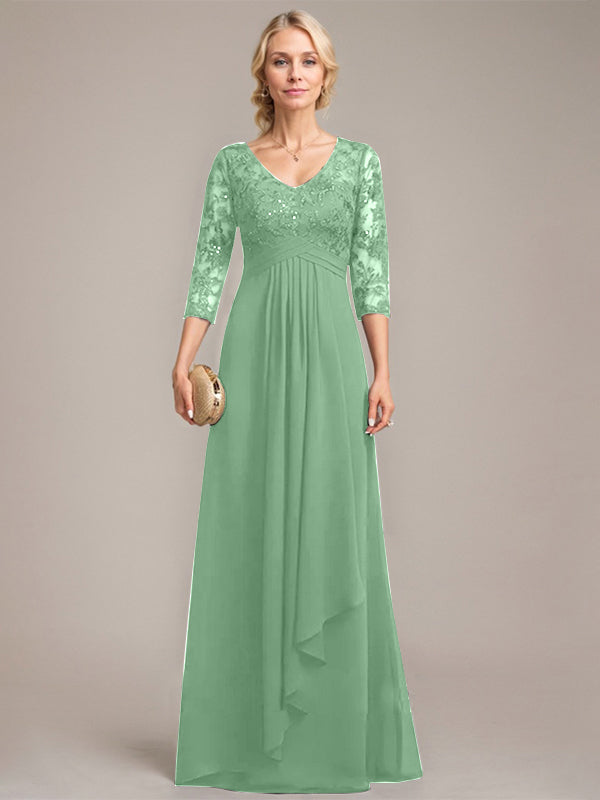 A-Linien V-Ausschnitt bodenlanges Spitzen-Chiffonkleid für die Mutter der Braut mit kaskadierenden Rüschen und Pailletten