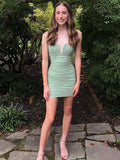 Sage Green Notched Ruched Short Homecoming Dress