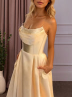 Satin A-Line Beaded Corset Long Prom Dress with High Slit
