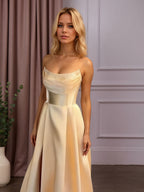 Satin A-Line Beaded Corset Long Prom Dress with High Slit