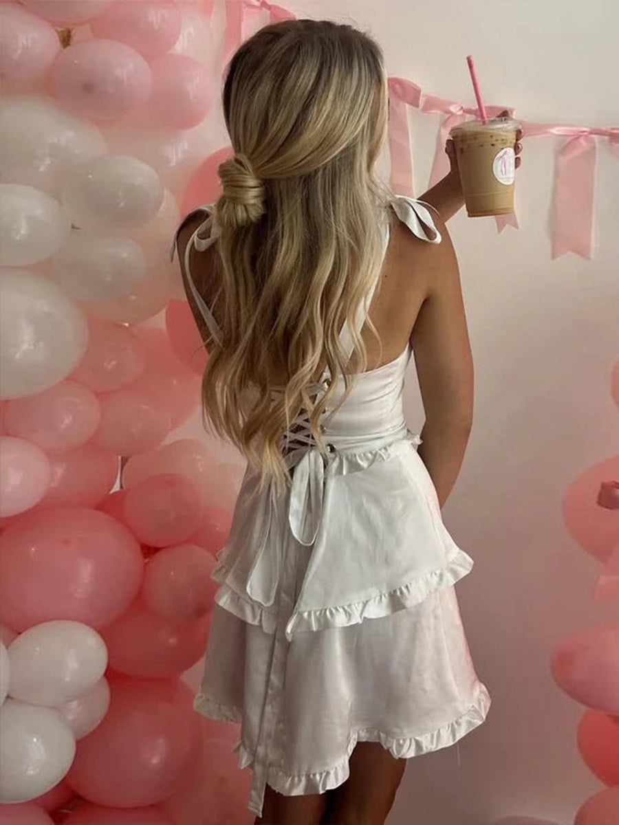 Satin A-Line Empire Straps Ruffle Short Homecoming Dress