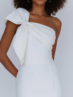 Satin One Shoulder Ruched Long Prom Dress with Bow