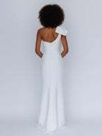 Satin One Shoulder Ruched Long Prom Dress with Bow