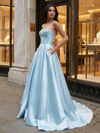 Satin A-Line Beaded Corset Long Prom Dress with High Slit