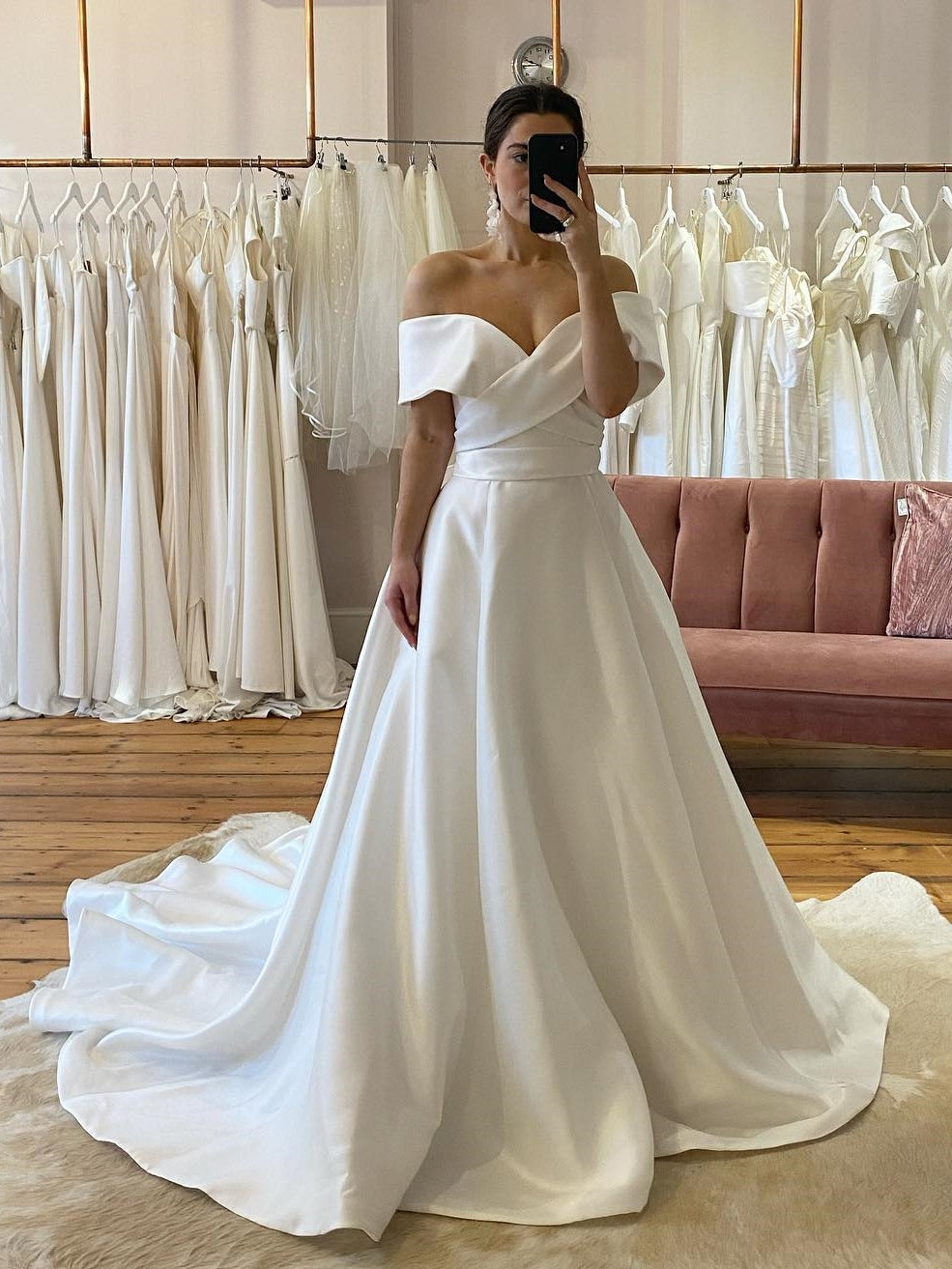 Classic Off‑The‑Shoulder Satin Fold Neckline A‑Line Bridal Gown