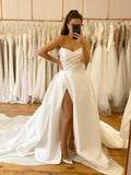 Sweetheart Pleated Satin Ballgown High Slit Bridal Dress