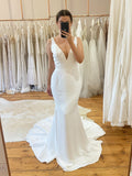 Deep V‑Neck Thick Shoulder Straps Simple Mermaid Wedding Dress With Train