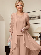 Zweiteiler Jumpsuit/Hosenanzug Rundhalsausschnitt bodenlanges Chiffon Kleid für die Brautmutter