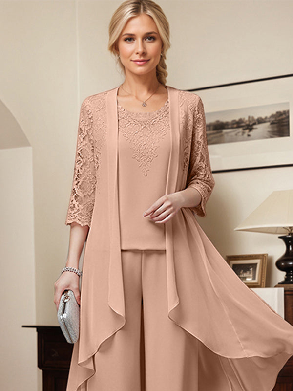 Zweiteiler Jumpsuit/Hosenanzug Rundhalsausschnitt bodenlanges Chiffon Kleid für die Brautmutter