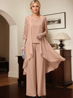 Zweiteiler Jumpsuit/Hosenanzug Rundhalsausschnitt bodenlanges Chiffon Kleid für die Brautmutter