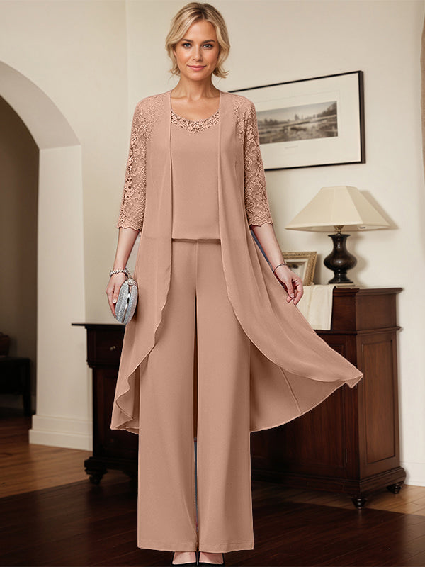 Conjunto separado mono/pantalón de gasa largo con escote redondo y apliques para madre de la novia