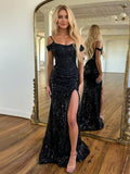 Vestido longo de baile de formatura sereia preto com lantejoulas, ombro a ombro e fenda