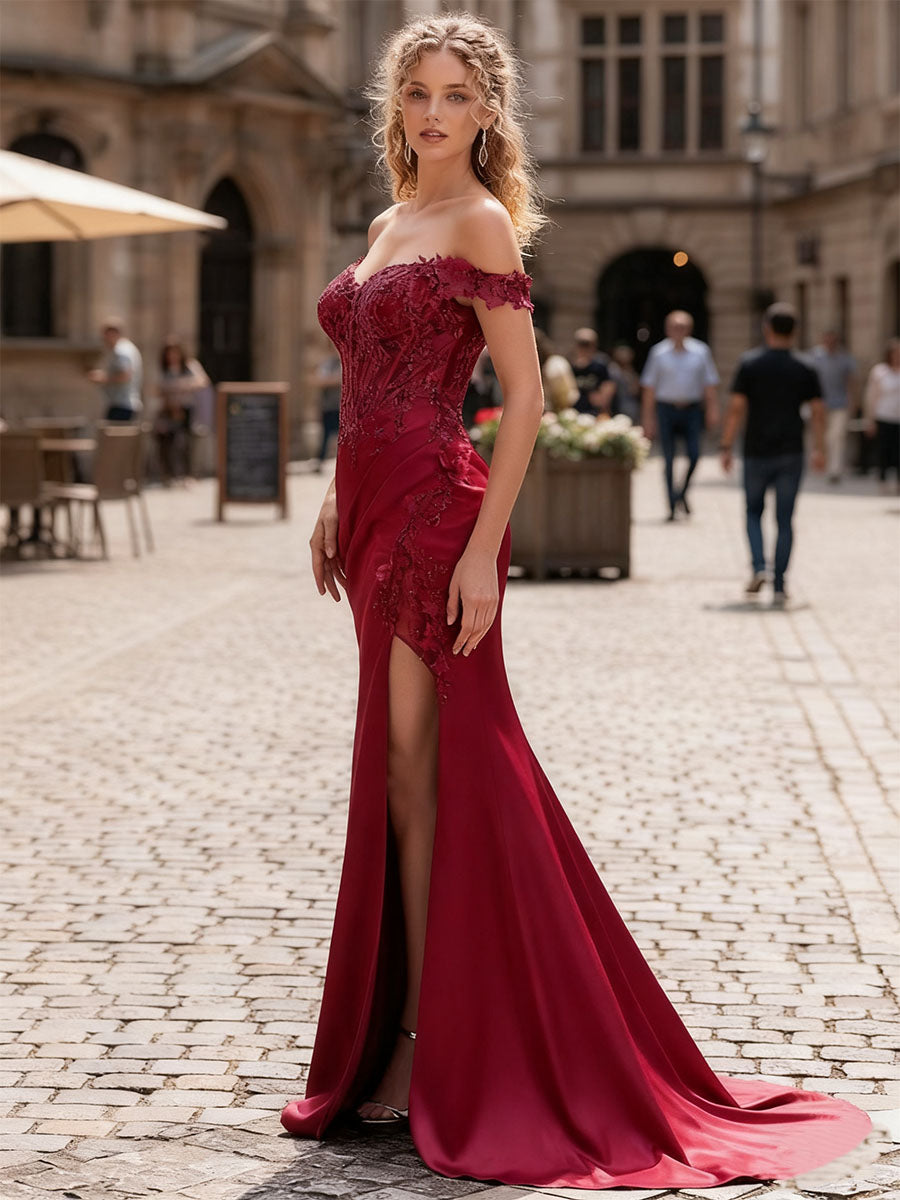 Etui schulterfreies Applikationen Spitzen Korsett Abschlussballkleid mit Schlitz