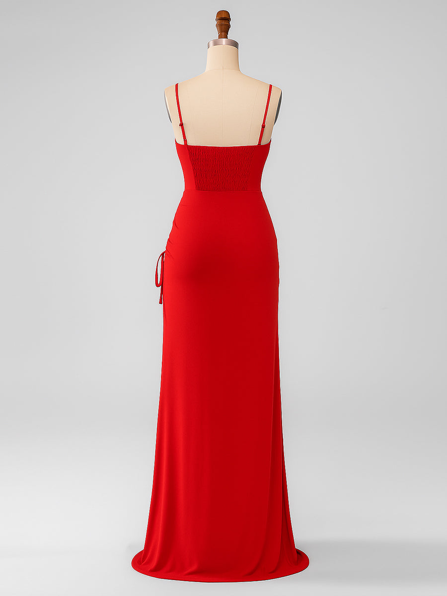 Sheath Spaghetti Straps Long Bridesmaid Dress with Lace Up Back