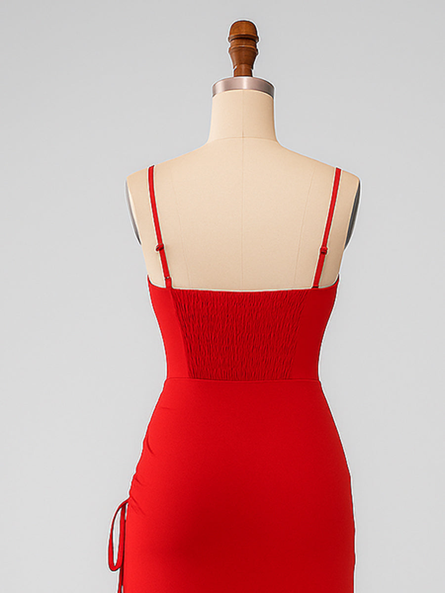 Sheath Spaghetti Straps Long Bridesmaid Dress with Lace Up Back