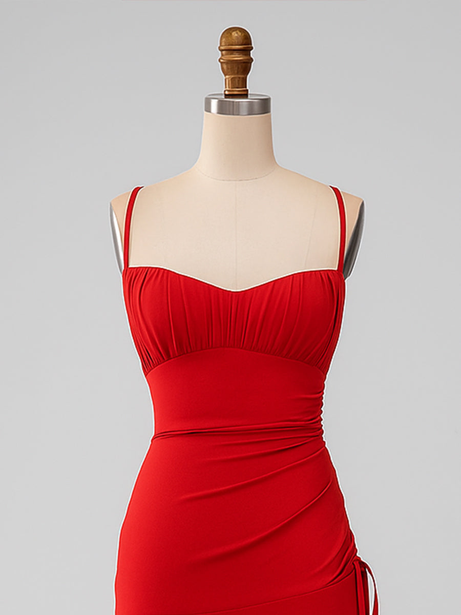 Sheath Spaghetti Straps Long Bridesmaid Dress with Lace Up Back