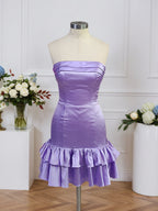 Vestido corto sin tirantes estilo columna para regreso a casa con volantes