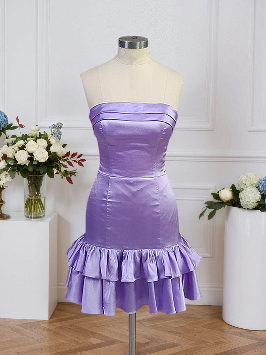 Vestido corto sin tirantes estilo columna para regreso a casa con volantes
