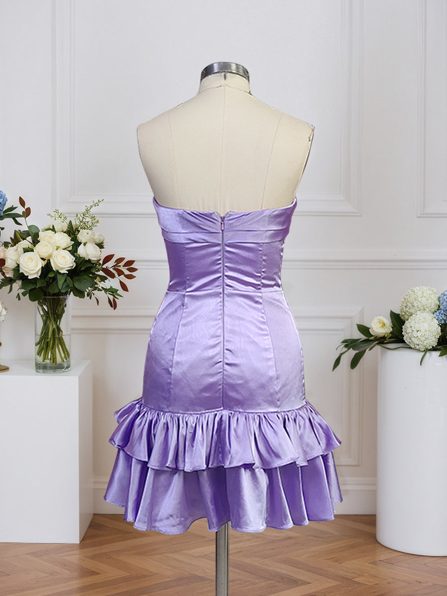 Vestido corto sin tirantes estilo columna para regreso a casa con volantes