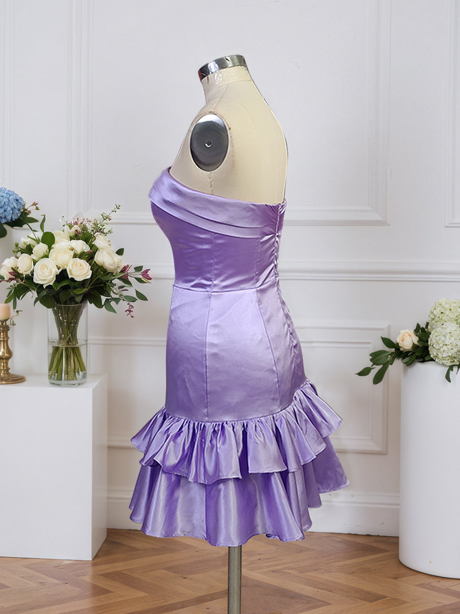 Vestido corto sin tirantes estilo columna para regreso a casa con volantes