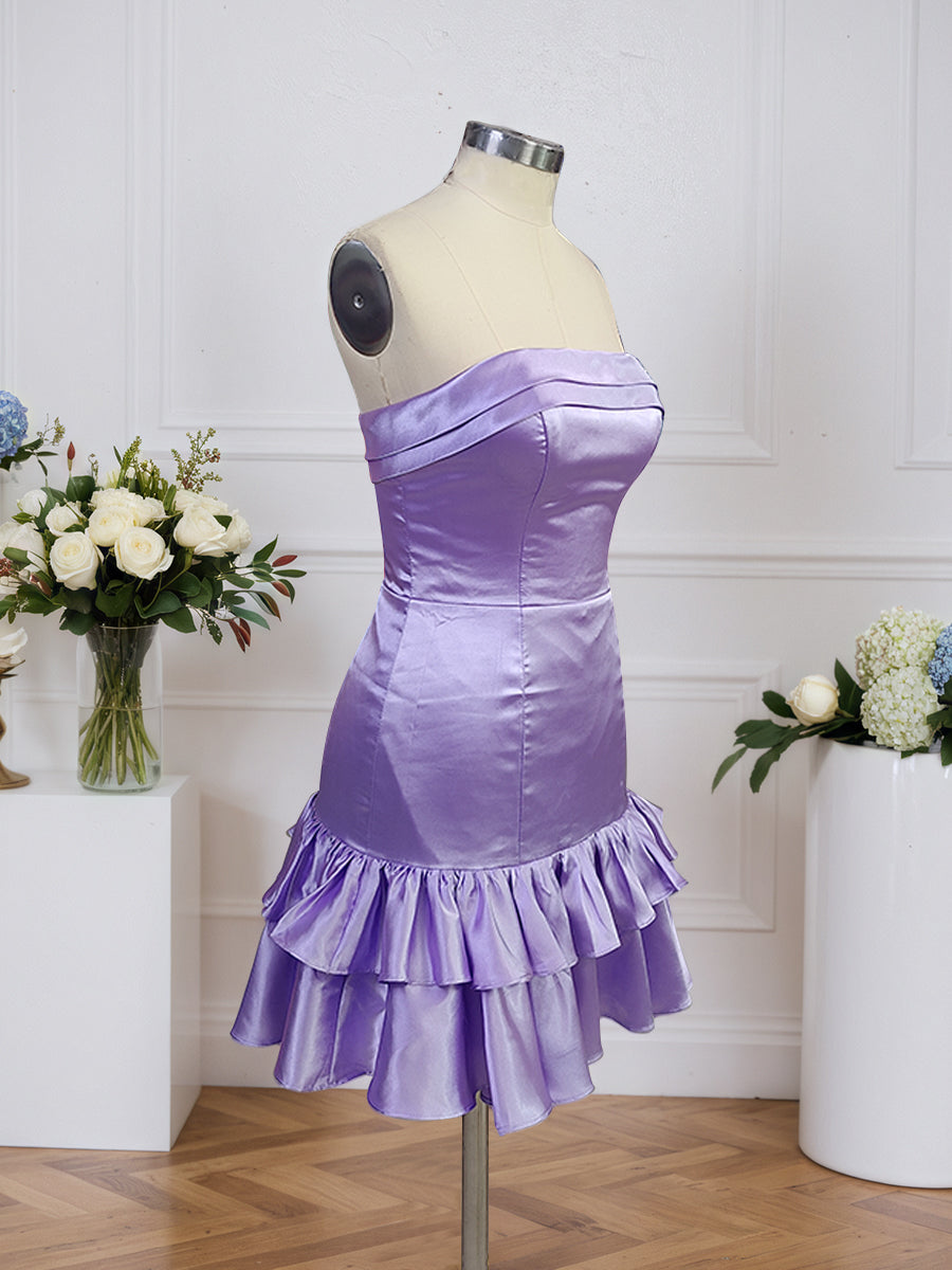 Vestido corto sin tirantes estilo columna para regreso a casa con volantes