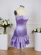 Vestido corto sin tirantes estilo columna para regreso a casa con volantes