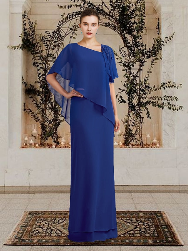 Vestidos de mãe da noiva tipo tubinho/coluna, com decote barco e comprimento até o chão
