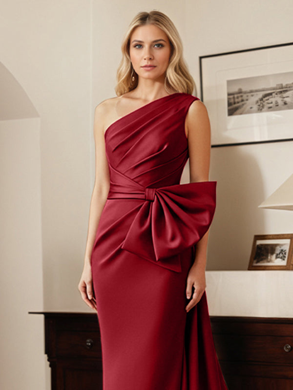 Etui-/Säulen-Satin-Ein-Schulter-Kleid für die Brautmutter mit Schleifen