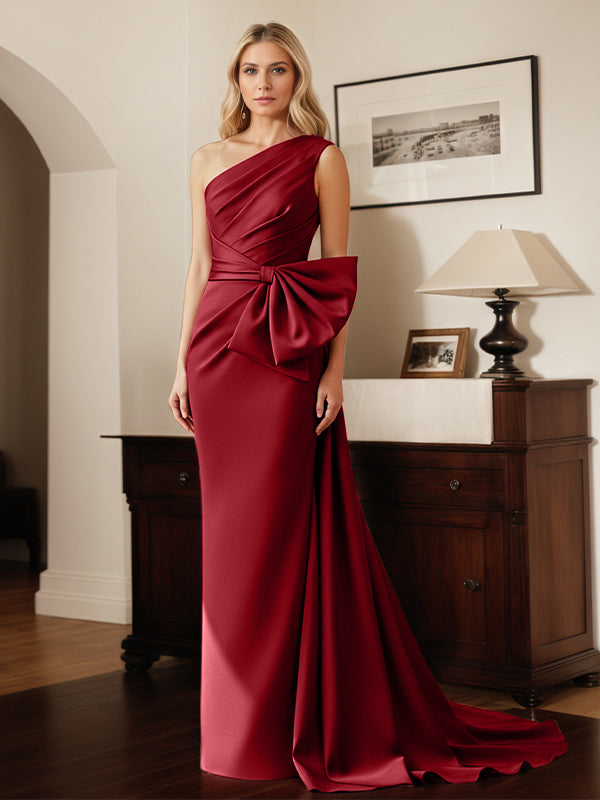 Etui-/Säulen-Satin-Ein-Schulter-Kleid für die Brautmutter mit Schleifen