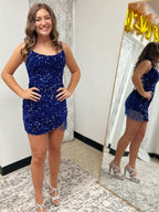 Fitted Spaghetti Straps Short Sequin Homecoming Dress