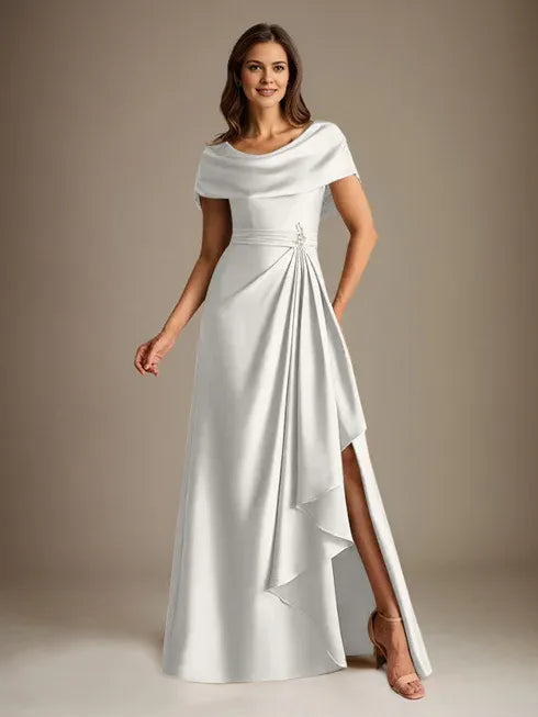 A-Linien-Kleid mit Rundhalsausschnitt, bodenlang, aus Stretch-Satin, Brautmutterkleid mit fallenden Rüschen