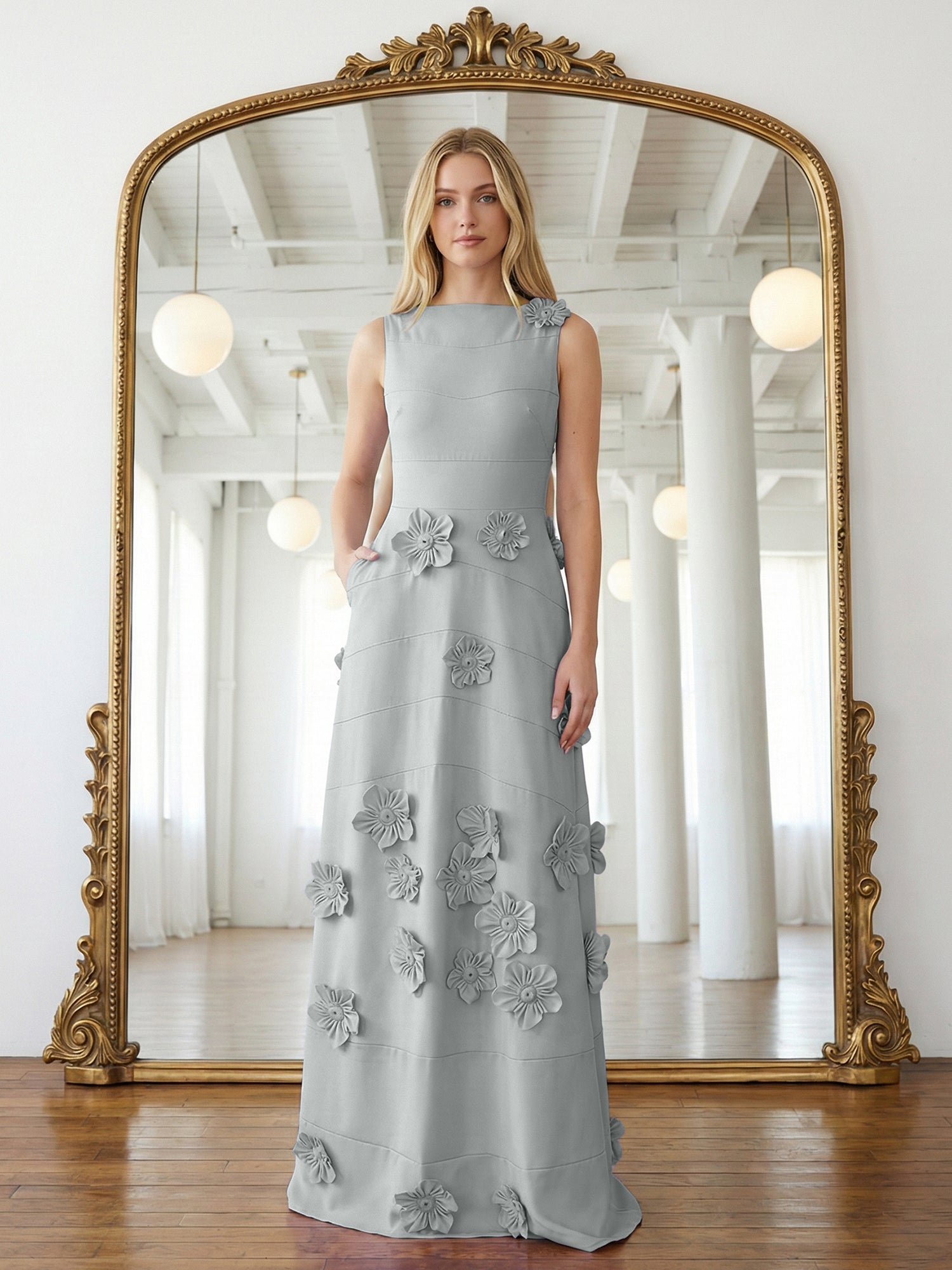 Lavendelfarbenes formelles Kleid mit U-Boot-Ausschnitt und herabfließenden 3D-Blumen