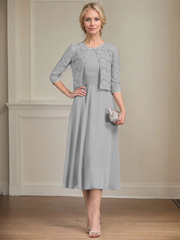 A-Linien Rundhals Tee-Länge Chiffon Kleid für die Mutter der Braut mit Falten