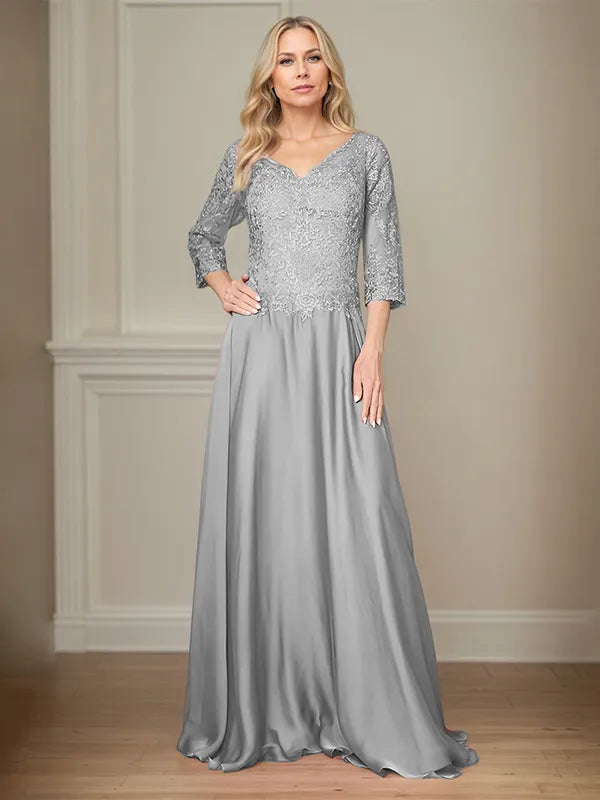 A Line Chiffon V Neck 3/4 Sleeves Floor-Length Mother Of The Bride Dress With Appliques