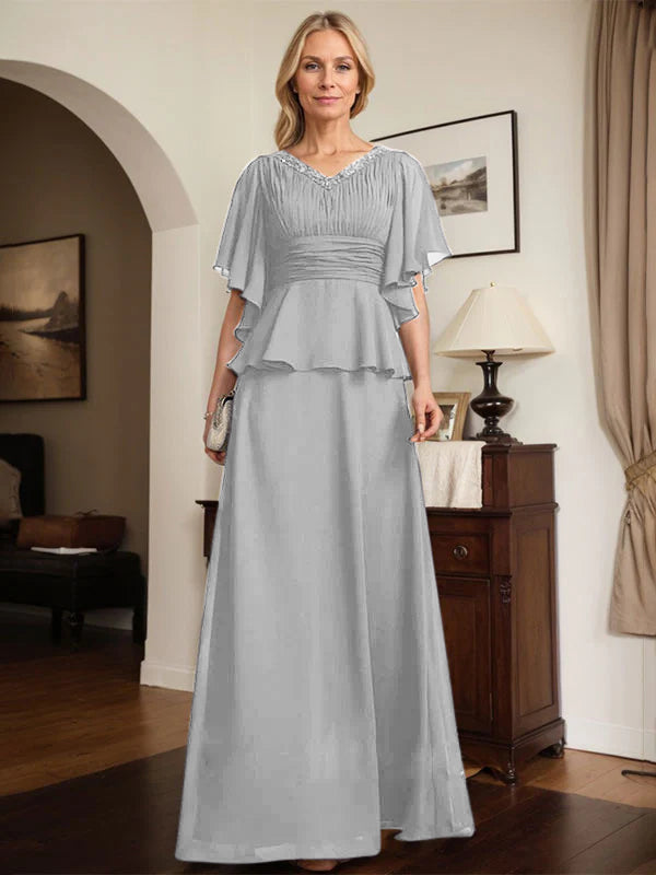 A-Linien Chiffon-Mutter-der-Braut-Kleid mit V-Ausschnitt, bodenlang, plissierte Perlenverzierung