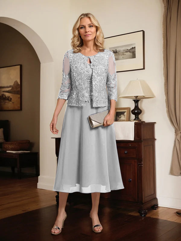 A-Linien Spitzen-Chiffon-Brautmutterkleid mit V-Ausschnitt, tea-length, mit Pailletten