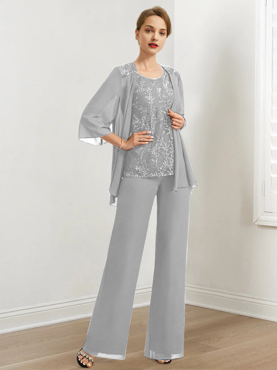Chiffon Hosenanzüge für die Brautmutter mit Pailletten und Jacke