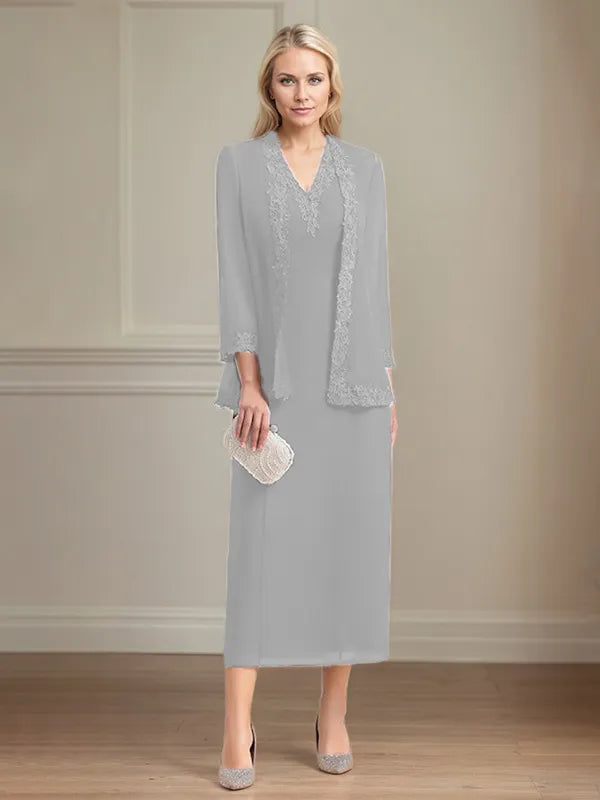 Etui/Column Chiffon V-Ausschnitt 3/4 Ärmel Tea-Length Kleid für die Mutter der Braut